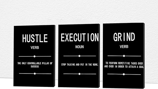 Office Wall Art - 3 Panel Motivational Wall Art, Inspirational Quotes Canvas Art for Home Office Wall Decor, Positive Quotes Wall Decor, Entrepreneur Grind Hustle Execution Poster Frame (16”x24”x3Pcs)