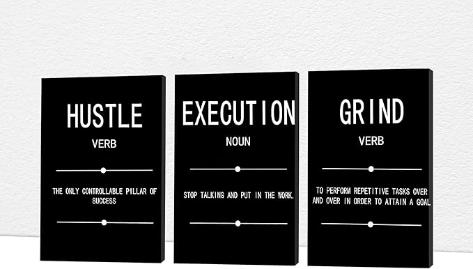 Office Wall Art - 3 Panel Motivational Wall Art, Inspirational Quotes Canvas Art for Home Office Wall Decor, Positive Quotes Wall Decor, Entrepreneur Grind Hustle Execution Poster Frame (12”x18”x3Pcs)