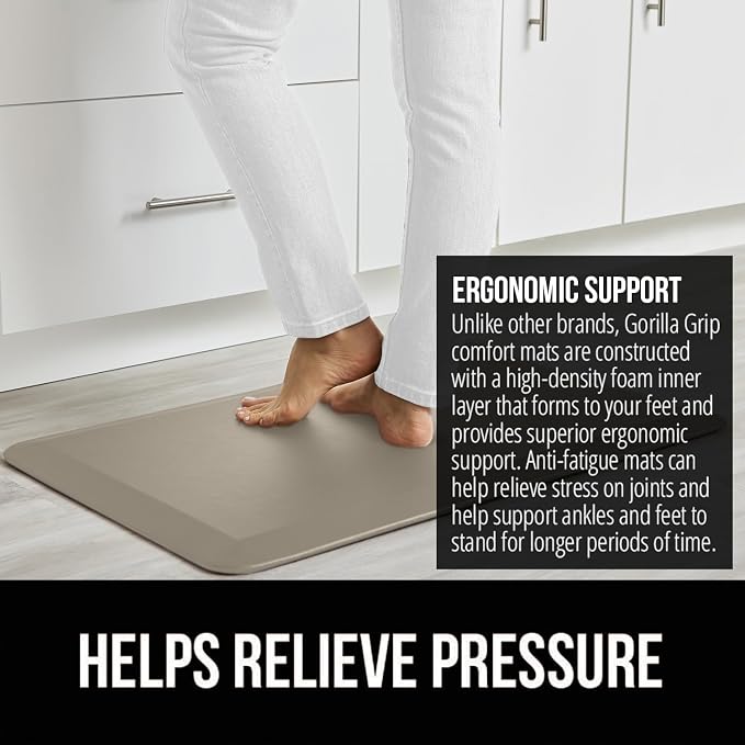 GORILLA GRIP Comfortable Cushioned Kitchen Mats for Floor, Waterproof and Stain Resistant Soft Top, 3/4 Inch Thick Ergonomic Standing Desk Anti Fatigue Mat, Foam Supports Ankles, Feet, 20x32, Toffee