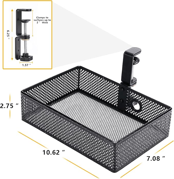 Under Desk Drawer, Clamp on Desk Organizer Hanging Desk Storage Under Table | Under desk organizer: clamp on desk drawer, 360° rotating desk basket, hanging desk organizer, clamp on desk shelf, no-drill