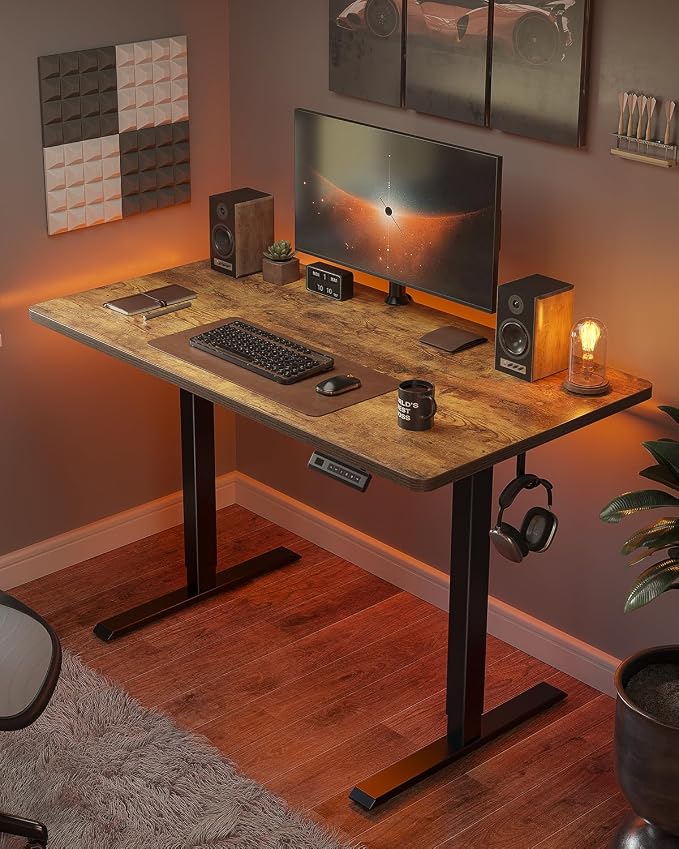 CubiCubi 40 x 24 Small One-Piece Standing Desk, Adjustable Height Electric Computer Home Office Sit Stand up Workstation, with 4 Memory Presets, Headphone Hook, Rustic Brown