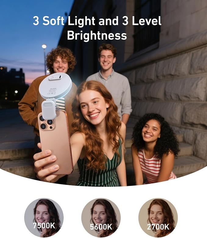 TELESIN Clip-on Selfie Ring Light, Rechargeable Portable 360° LED Selfie Fill Light with Mirror for Phone/iPhone Photography, Computer Laptop Video Conference, TikTok, Zoom Calls, Girl Makeup