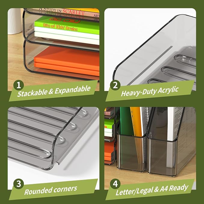 FANXIYQ 4-Tier Brown Acrylic Paper Tray Organizer with 2 Bookends | Tool-Free Stackable 1-4 Tier Design with 2 Bookends for Files, Folders and A4 Paper; For School, Home Office and Study Room