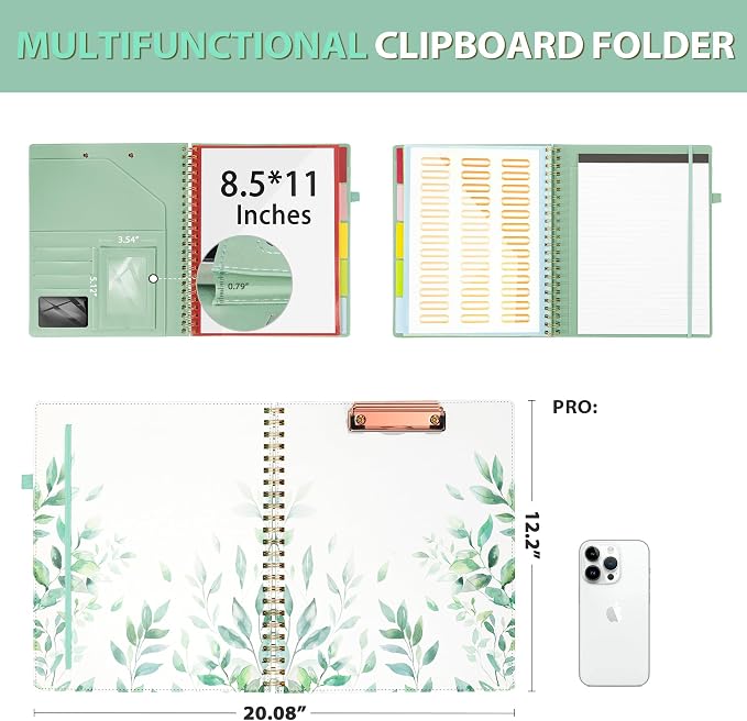 Ospelelf Clipboard with Storage, Leather Padfolio Portfolio Organizer 5 Folders with 10 Pockets, Spiral Clipboard Folio with Notepad for Letter Size, Elastic Closure and Pen Loop Green Plants