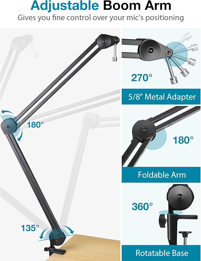 InnoGear Microphone Arm Stand, Heavy Duty Mic Arm Microphone Stand Suspension Scissor Boom Stands with Mic Clip and Cable Ties for Blue Yeti Snowball Hyper X QuadCast SoloCast Fifine Gaming(Large)