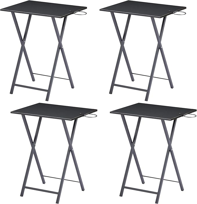 VECELO Folding TV Tray for Eating Set of 4, Portable Dinner/Snack Table with Cup Holder for Couch, Living Room and Small Space,Black