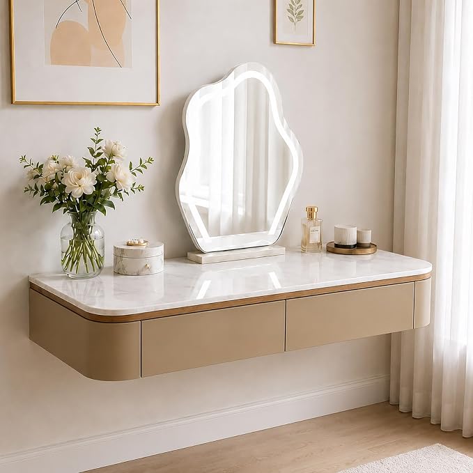 Floating Makeup Vanity Desk With Drawers Wall Mounted Makeup Table With Storage Fully Assembled Floating Vanity Desk Space Saving Modern Dressing Table For Bedroom Closet(Khaki Marble,47.2")