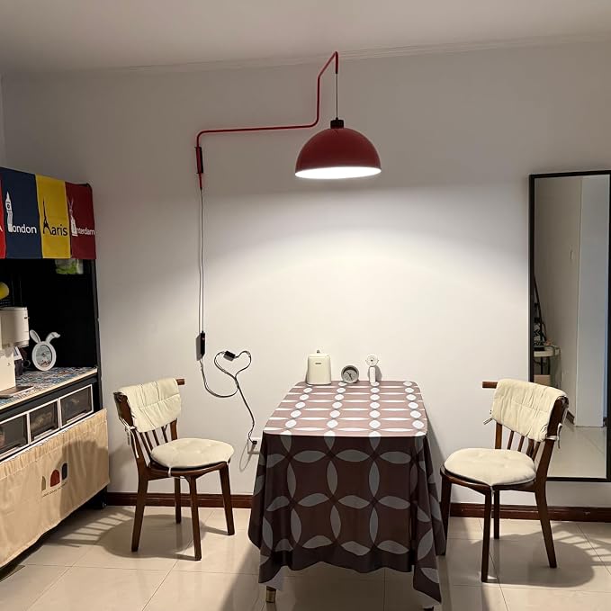 Modern Swing Arm Wall Sconce Plug in Red Wall Lamp Dome Shade Wall Mounted Long Arm Light Mid Century Bedside Reading Wall Light for Bedroom Living Room