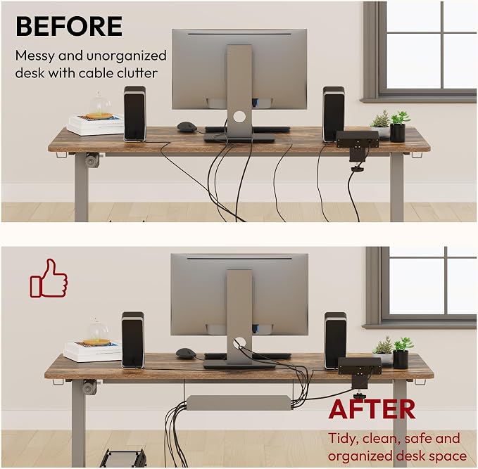 SANODESK Electric Standing Desk with Desk Clamp Power Strip 48"x 24" Whole-Piece Desktop Height Adjustable Stand Up Desk with Cable Management Sit Stand Home Office Desk Silver Frame/Rustic Brown Top
