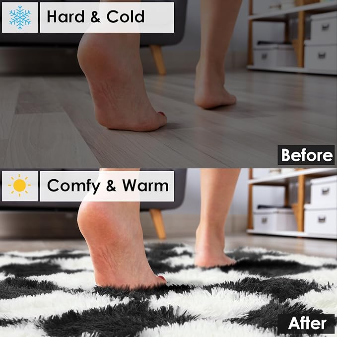 KICMOR Black and White 3x5 Rugs for Bedroom Bedside, Fluffy Soft Checkered Shag Area Rug Fuzzy Shaggy Small Living Room Carpet, Plush Throw Rug for Kids Boys Girls Dorm Nursery Home Decor Aesthetic