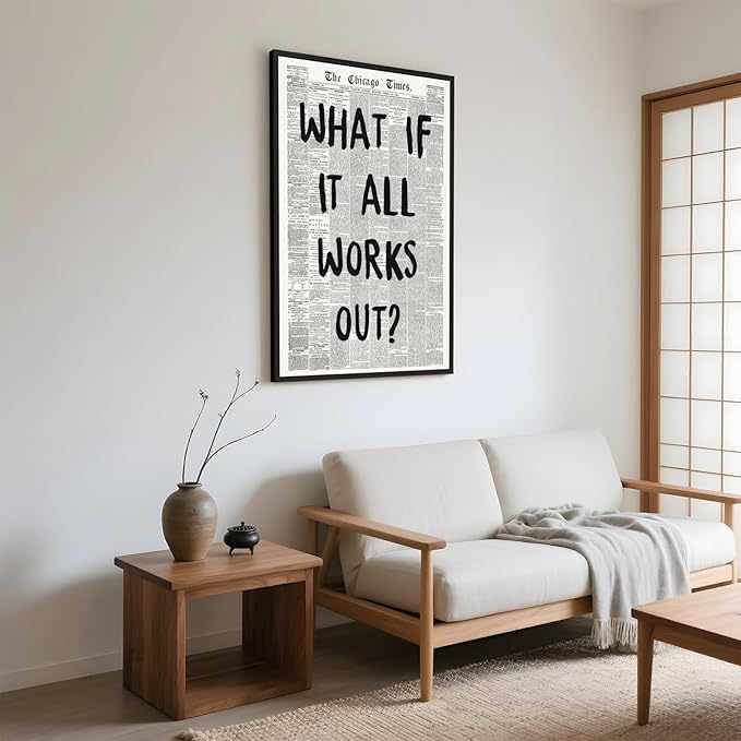 Framed What If It All Works Out Wall Art Black and White Retro Newspaper Poster Positive Motivational Canvas Print Painting Inspirational Quote Picture Wall Decor for Office Home Bedroom Dorm 8x12inch