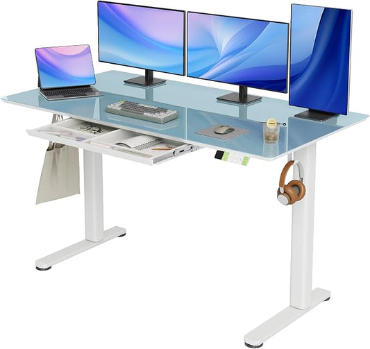 INNOVAR 55×24 Inch Morandi Blue Glass Standing Desk with Drawers | Tempered Glass Top, Ergonomic, Adjustable Height, Stand Up Desk,4 Memory Presets