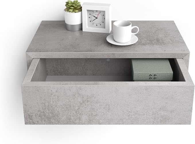 Mobili Fiver, Riccardo Floating nightstand, Concrete Effect, Grey, 17.7" x 9.8" x 6.1 ", Melamine-Finished, Modern Bedside Table, End Table, Italian Furniture