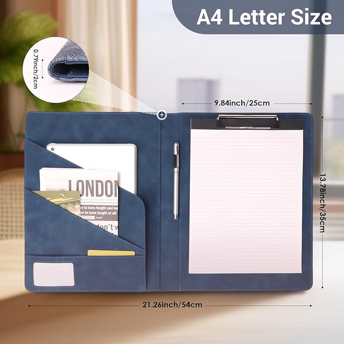 Professional Portfolio Binder, Faux Leather Padfolio for Resume, Note-Taking & Meetings, A4 Letter Writing Pad Holder (BlueF)