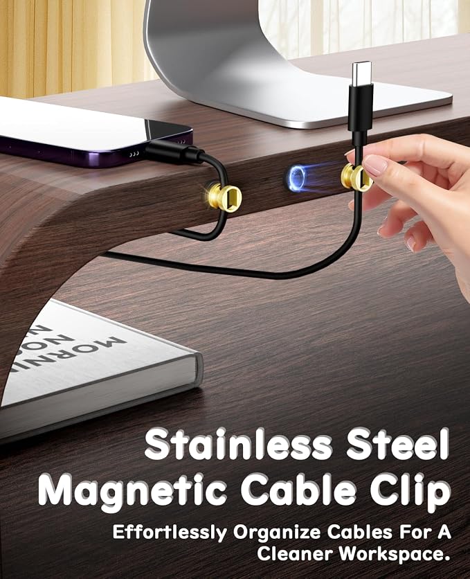 Maveek 6 Pack Magnetic Cable Clips, Knurled Metal Desk Cord Organizer, Gold | Stronger Hold Magnet Secure USB Charging Wires For Home Nightstand Office Desk Auto Dash Cam, Self-Adhesive & Magnetic Mount