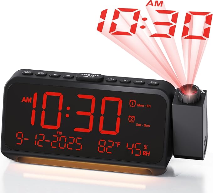 Roxicosly Projection Alarm Clock for Bedroom Ceiling, 118 dB Super Loud for Heavy Sleepers, Plug in Dual Alarm with Weekday/Weekend, 6.7" Large Dimmable Display with Day Date Indoor Temp Humidity