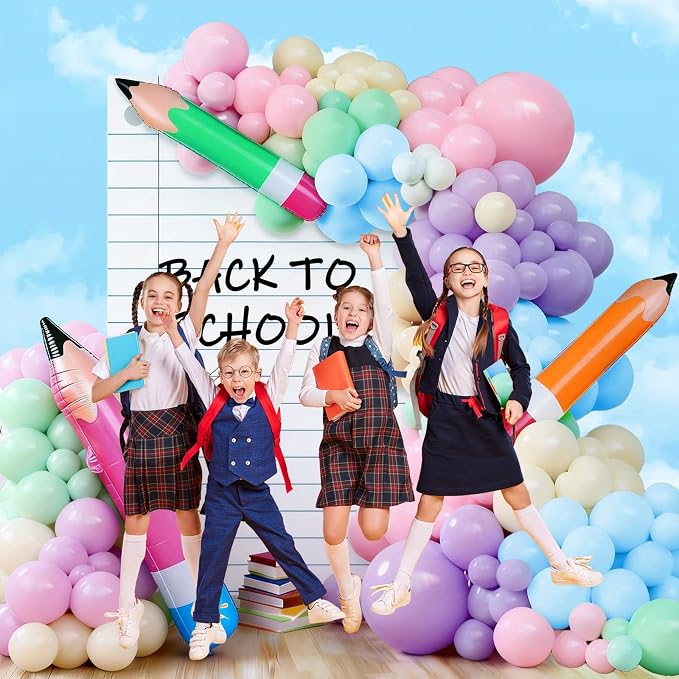 Welcome Back to School Party Decor Rainbow Balloons Arch Kit with Pencil Balloon Backdrop Giant Inflatable Pencil Notebook Photo Props for First Day of School Kindergarten Classroom Supplies(Pastel)
