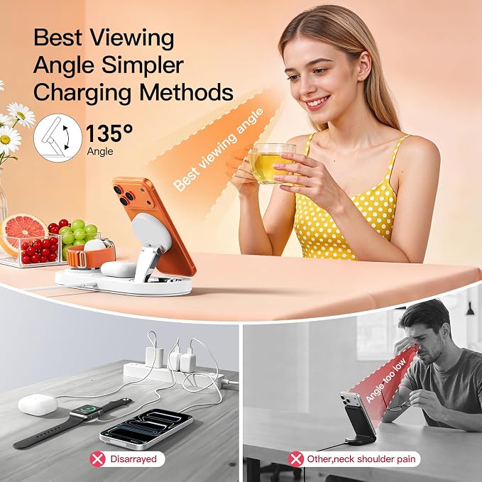 15W Magnetic 3 in 1 Wireless Charging Station,No Blue Light Disturbing Sleep,for iPhone17-12, Fast 5W Charger for Apple Watch AirPods,Foldable Stand, MagSafe Charger Dock for Nightstand Desk Travel