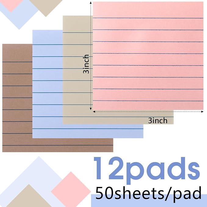 AmazingSpark 12 Pack Lined Sticky Notes 3x3 inch Post Ruled Stickies Super Self Stick Power Memo Pads Multi Colors Notes Pads Vintage Aesthetic School Office Supplies Accessories (Soft Morandi)