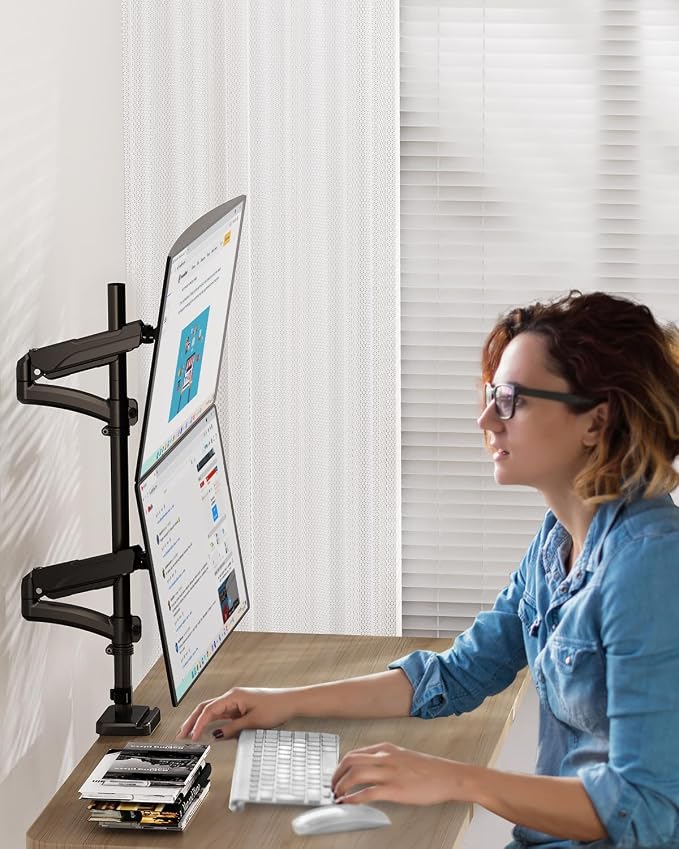 MOUNTUP Vertical Dual Monitor Mount Holds 4.4-17.6lbs, up to 32 Inch Stacked Monitor Mount with Gas Spring Arm with Clamp/Grommet Base, Dual Monitor Stand for Desk, For Home Office, VESA 75x75/100x100