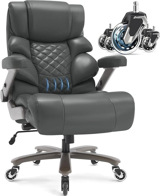 VUZI 700lbs Big and Tall Office Chair, Large Executive Leather Desk Chair | Adjustable Lumbar Support for Back Pain, Plus Size Wheels, 3D Flip Arms, Heavy Duty Metal Base, Wide Seat Computer Chair