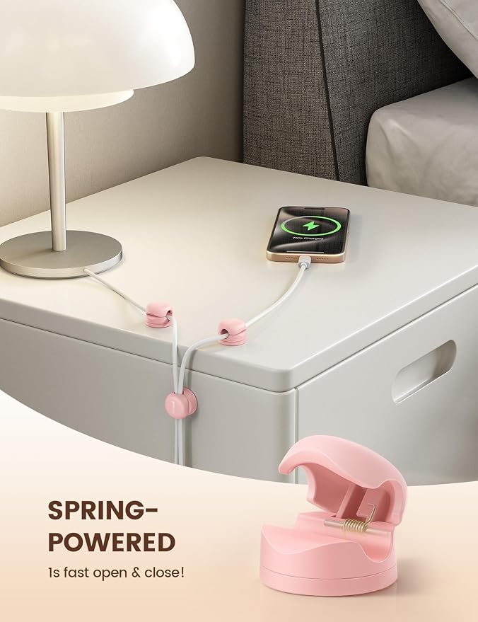 Lamicall 6 Pack Rotatable Spring Cord Organizer, Women Girls Adhesive Cable Management for Desk Nightstand Wall, Office Home Dorm Room Cable Clips Organizer Decor, Phone Charger Cord Holder, Pink