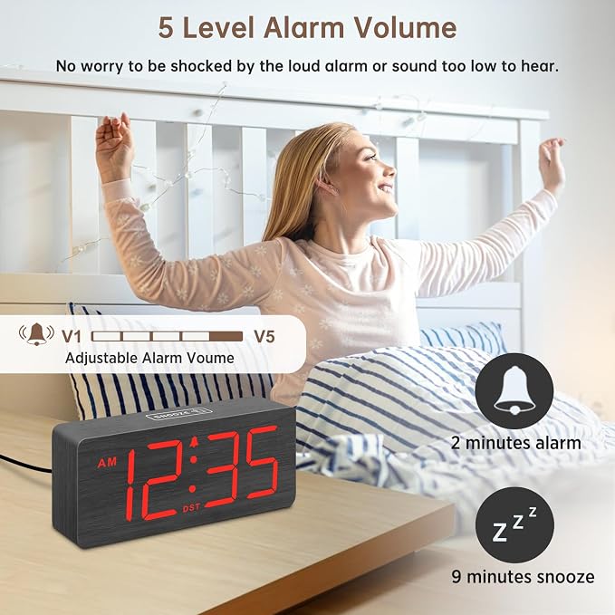 DreamSky Wooden Digital Alarm Clock for Bedroom with Large Numbers | Desk Clocks for Living Room, Loud Alarm for Heavy Sleepers with Volume Control, Dimmer, DST, Office Wood Decor (Plug-in)