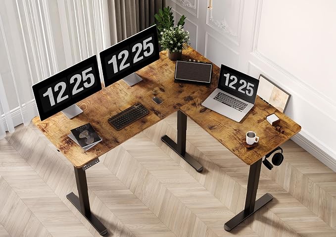 Claiks L Shaped Standing Desk Dual Motor 63 x 55 Inch Rustic Brown | Height 28.5-47.2 Inch, 220 Lbs Capacity, Splice Board, Sturdy Steel Frame, Home Office Corner Desk