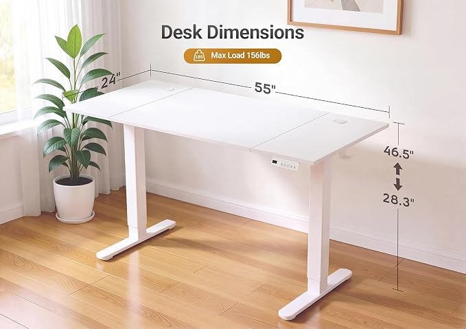 YDN Electric Standing Desk, 55x24 Inch, White | 3 Memory Presets, Cable Management, Adjustable Height, Sit Stand, Computer Workstation, Home Office