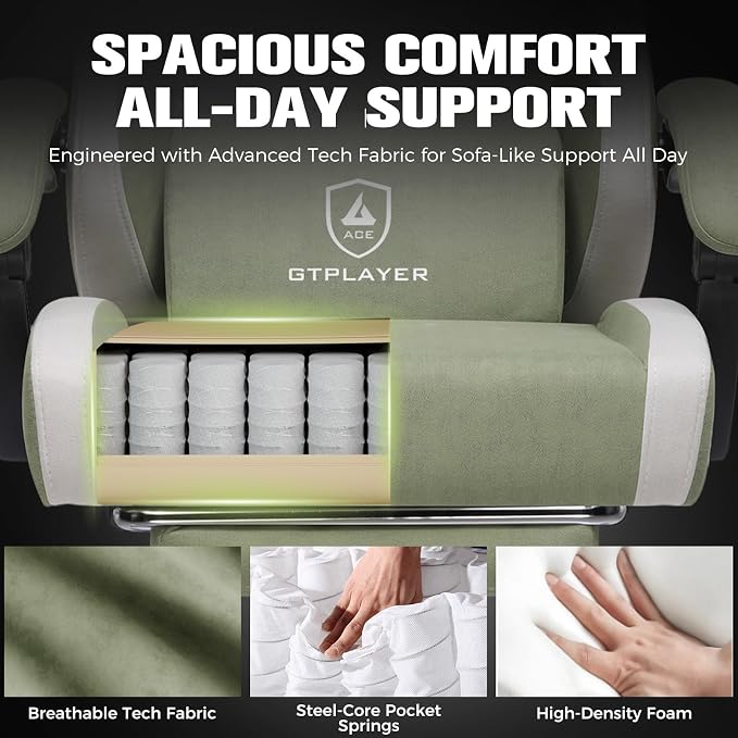 GTPLAYER Big and Tall Gaming Chair 350lbs Heavy Duty Office Chair with Foot Rest, High Back Pocket Spring Ergonomic Computer Chair for Adults, Wide Comfy Seated Cushion with Linkage Armrests, Green