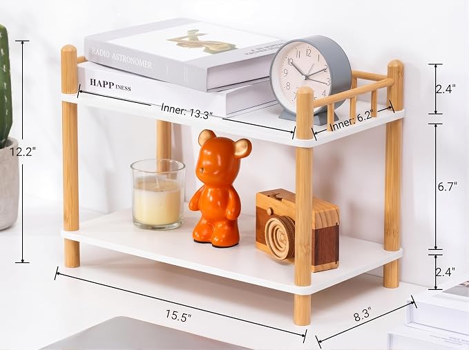2-Tier Bamboo Coffee Bar Organizer,Coffee Bar Accessories, Mul-tifunctional Wooden Beaded Coffee Station Countertop Stand Shelf for Kitchen Home Office,Counter Riser Display Shelf for Top of Desk Home