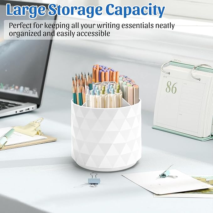 minimaliving Desk Organizer,Sparkling Diamond-like Pen Holder for Desk 360°Rotating Office Accessories,Pencil Cup with 5 Compartments Storage Box Caddy for Office,School,Home,Art Supply(White)
