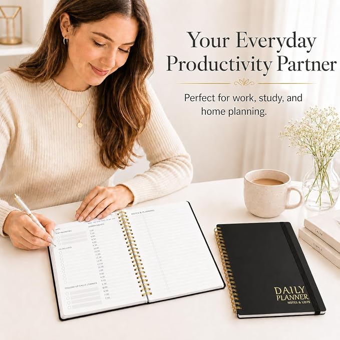 Daily Planner with Hourly Schedules - Undated To Do List Notebook for Work and Study, Spiral Bound, 5.5" x 8.5", Easily Manage Tasks and Appointments - Black