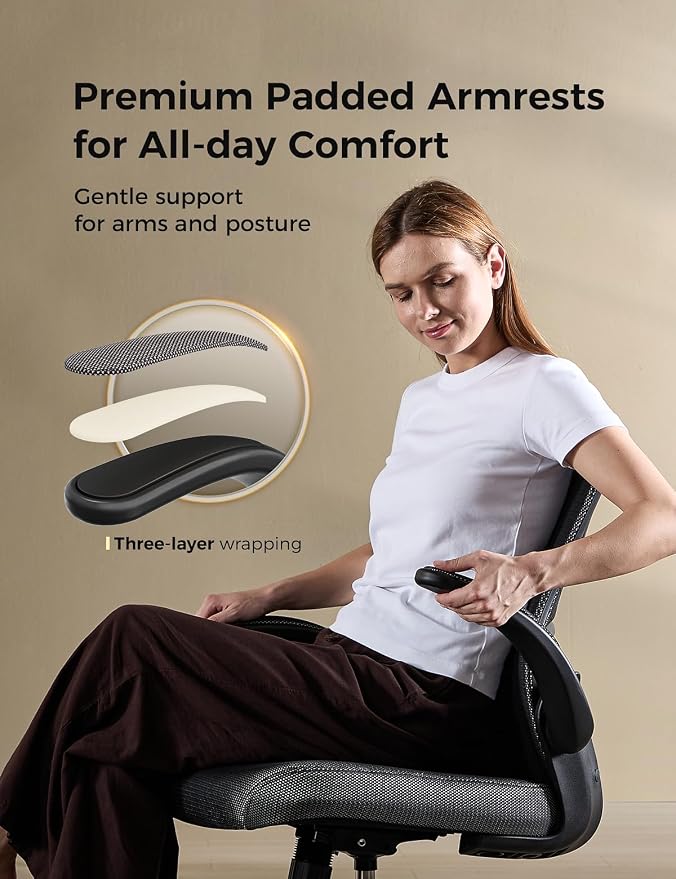 Small Mesh Office Chair with Flip-Up Arms, Ergonomic Desk Chair | Adaptive lumbar contour, 2.8inch dual-density foam and quiet casters aid computer work; 90° folding design tucks under table