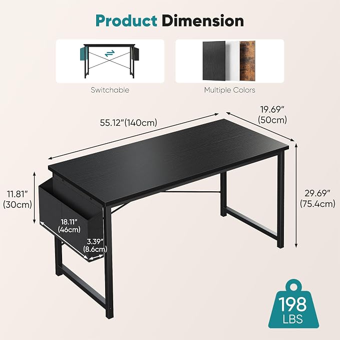 OLIXIS 55 Inch Computer Desk for Home Office, Writing Study Craft Gaming Table, Modern Computer Workstation with Storage Bag and Headphone Hook for Bedroom Small Spaces, Black