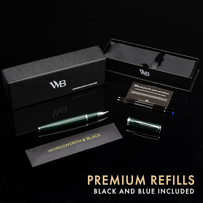 Wordsworth and Black Rollerball Pen - Luxury Pen - Chrome Finish, Green Lacquer, Ink Refill, Refillable, Gift for Men & Women, Professional Writing, Nice and Fancy Pens and for Work