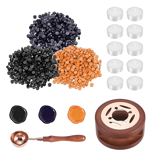 PATIKIL Wax Seal Kit, 300 Pcs Wax Sealing Beads, Wooden Warmer, Melted Spoon, 10 Pcs Tealight Candles for Envelope Letter Mailing Crafts DIY, Black/Dark Purple/Fresh Orange