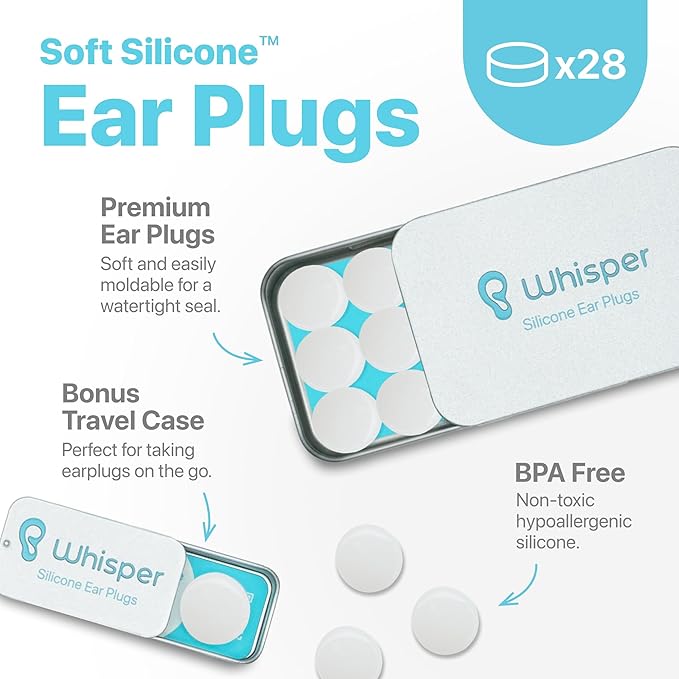 Whisper Ear Plugs (28 pcs) | Soft Silicone | Reusable Silicone Ear Plugs for Swimming, Sleep, Travel, Noise & Snoring | Moldable Comfort Fit Wax Earplugs for Sleep | Waterproof Swim Ear Plugs Adults