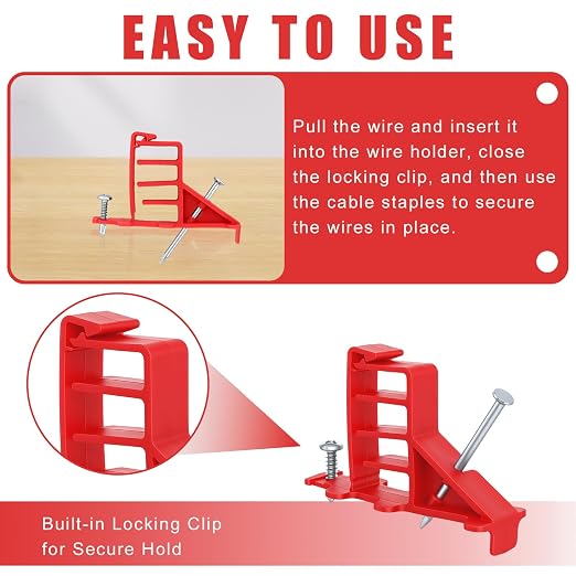 100 Pack Multi-Cable Staples with Steel Nails, Red Cable Stackers | Electrical Wire Stacker Clips for Organizing Multiple NM Cables Coaxial and Data Line on Wood Framing for Neat Secure Routing