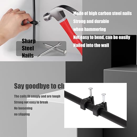 700 Pcs Cable Clips with Steel Nails, Nail in Cable Clips, Black 4/5/6/8/10mm Cable Wire Clips, Cable Wall Clips, Wire Staples Cord Clips with Nails for Speaker Ethernet Cords Wires