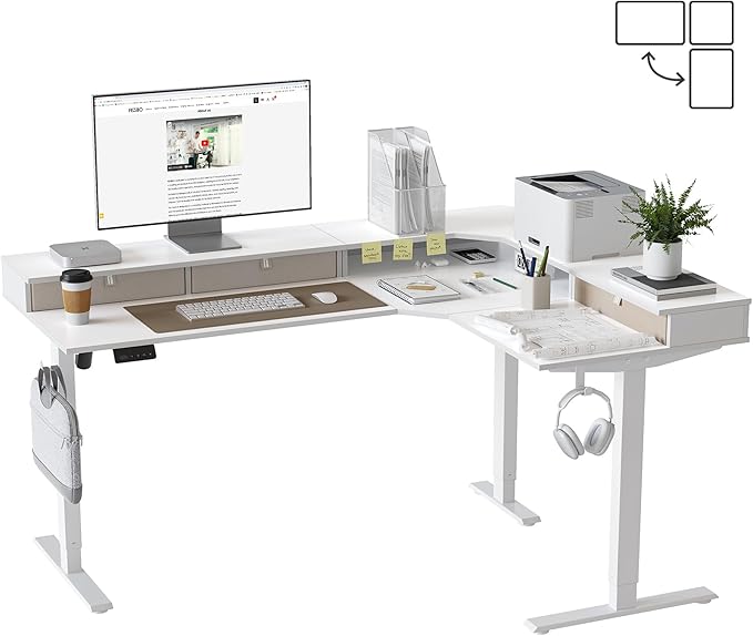 FEZIBO L Shaped Electric Standing Desk, 63 x 48 inch Large with Drawers | Reversible Tabletop, 2 Memory Height Settings | Home Office & Gaming Height-Adjustable Table, White（2 Packages）