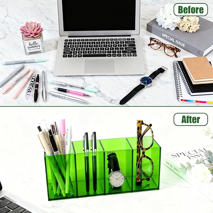Pen Holder for Desk Neon Acrylic Pencil Holder Cup Makeup Brush Storage Organizer for Vanity, Turquoise Green