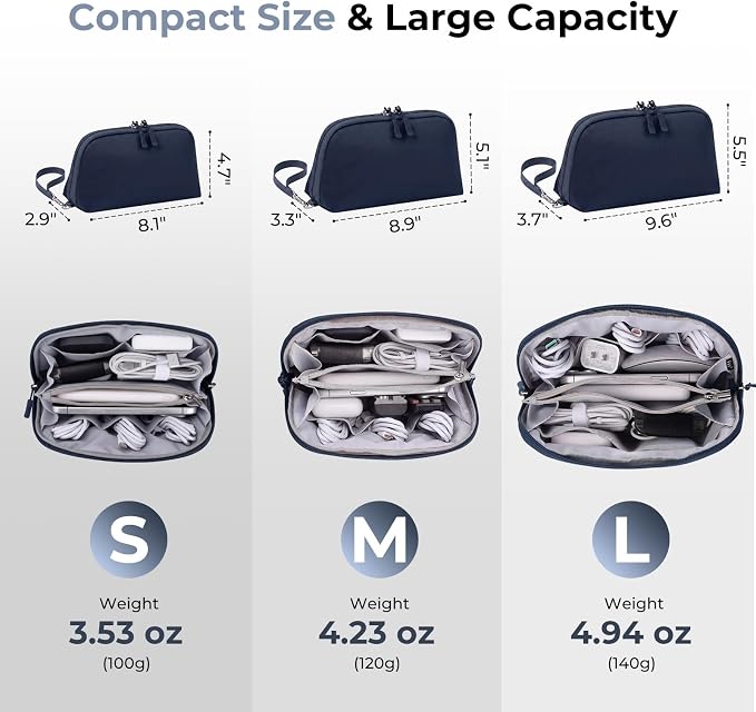 FYY Travel Cable Organizer - 8 Compartments Lightweight Water Resistant Tech Pouch with Wrist Strap, Portable Electronic Accessories Case for Cord Charger Storage for Travel Home Office, Navy (Small)