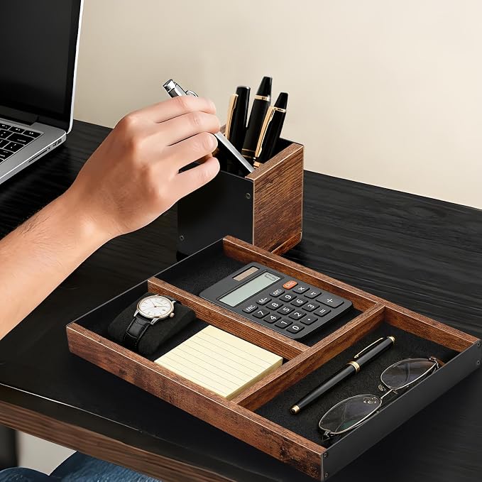 Desk Tray with Pen Holder Set | Desk Drawer Organizer for Home Office Decor | Farmhouse Wood & Metal Organizer Tray for Keys, Pen, Watch | Premium Gifts