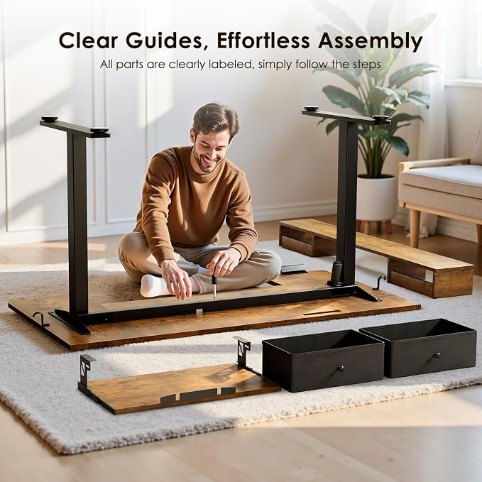 OffiGo U Shaped Electric Standing Desk with Drawers, 55 Inch Height Adjustable Desk with Keyboard Tray ＆ Ergonomic Monitor Stand, Sit Stand Table with Power Outlets for Home, Office, Rustic Brown