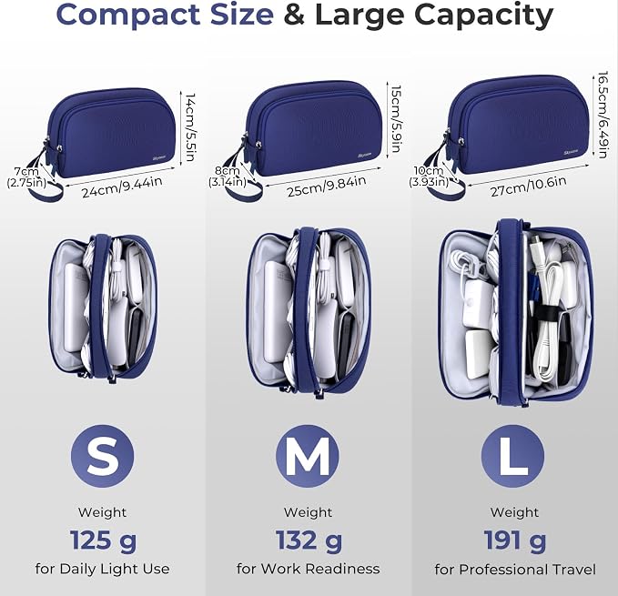 Skycase Travel Cable Organizer - Lightweight Water Resistant Dual-Layer Tech Pouch with Wrist Strap 10 Compartments Electronic Organizer Travel Case for Charger Cord Hard Drive,Medium,Blue