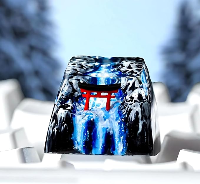 Red Torii Gate Artisan Keycap Winter Waterfall - 1U ESC, R1 SA Profile Custom Handmade Resin Cherry MX Switch Key Cap Mechanical Keyboard, Cool Tech Gifts for Men, Dad, Father, Gamer, Japan Lover