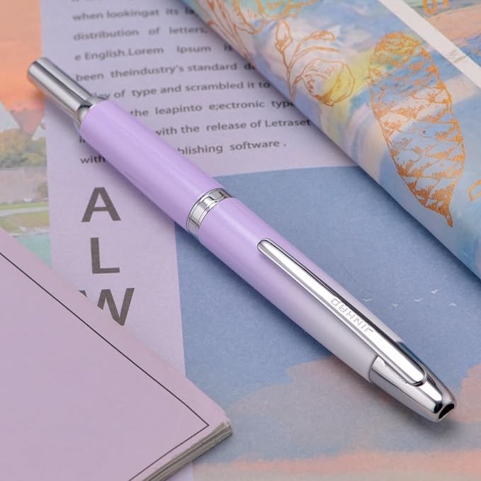 Jinhao 10 Press Fountain Pen with Box, Gradient Light Purple Retractable Fine Nib with Ink Converter Set (Silver Clip)
