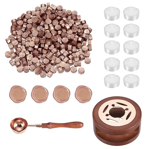 PATIKIL Wax Seal Kit, 300 Pcs Wax Sealing Beads, Wooden Warmer, Melted Spoon, 10 Pcs Tealight Candles for Envelope Letter Mailing Crafts DIY, Orange Gold