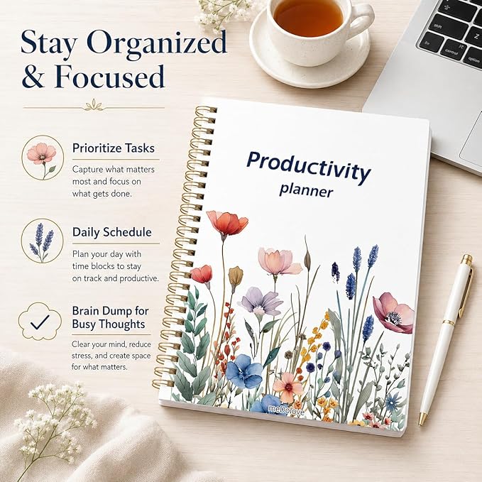 ADHD Daily Planner - Productivity Planner & Undated Task Management Organizer for Neurodivergent Adults, Focused Planners for Men & Women - B5 Blue Flowers